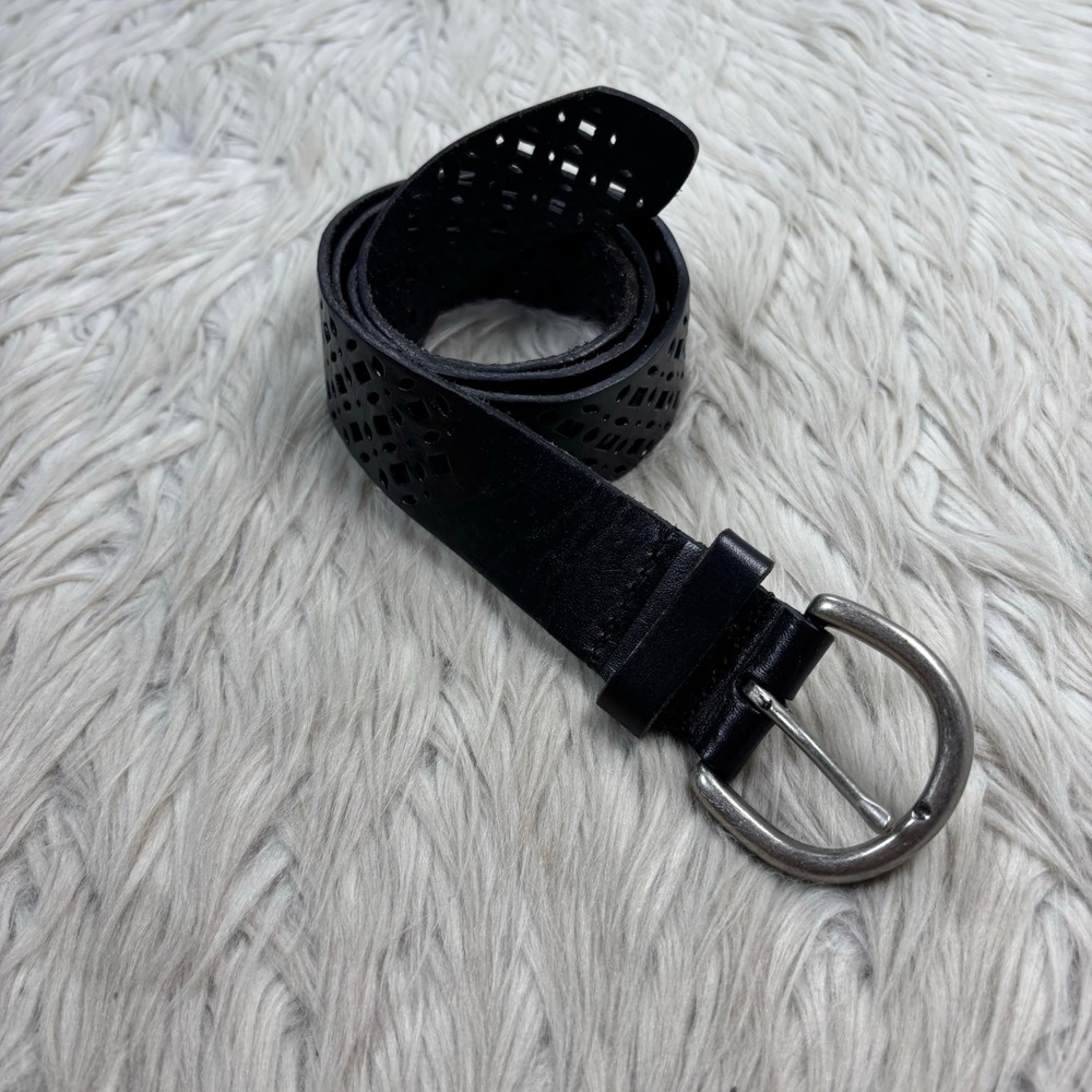 American Eagle Women's OS L Black Leather Perforated Belt Boho Artsy